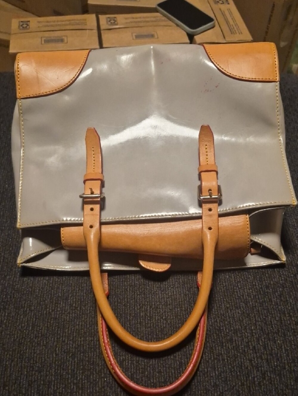 Dooney & Bourke Cream Satchel with Tan Trim and Handles - Picture 3 of 12